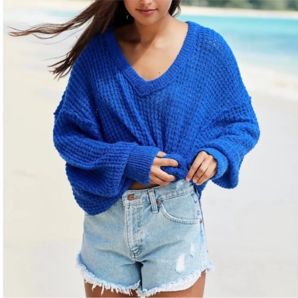 FREE PEOPLE Sunday V Neck Sweater Blue NWT - Picture 2 of 14